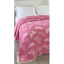 Kelebek Desen 4 Katlı Müslin Pike Yatak Örtüsü Battal Boy 240x260 Cm Pembe