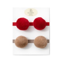 Kız Çocuk Bebek Ponpon Bandana 2'li Set Kırmızı-kahve Kırmızı-kahve