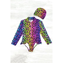 My Kids Wear Fırfır Detaylı Leopar Desen Boneli Kız Çocuk Mayo Lacivert - Çok Renkli