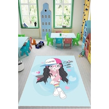 Mavi Kaymaz Tabanlı Yıkanabilir Prensesli Çocuk Halısı Kd116n11