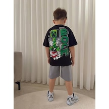 Cg Kids Minecraft Erkek Çocuk 2 İplik Tshirt & Şort Alt Üst Takım Süper Kalite Sırt Baskı Detaylı Siyah