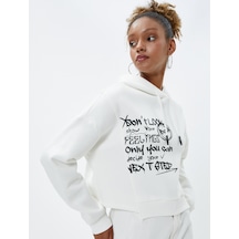 Koton Kapüşonlu Sweatshirt Slogan Baskılı Asimetrik Kesim Ekru 4wal10165ık Ekru