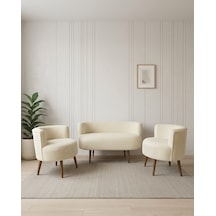 Sydney 2+1+1 Welsoft Tüylü Yumuşak Kumaş Balkon Çay Seti Koltuk Takımı - Ahşap Ayak - Krem