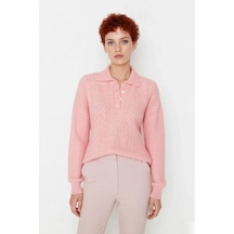Ersefa Kadın Oversize Triko Polo Yaka Saç Örgü Düşük Kollu Rahat Kışlık Pembe