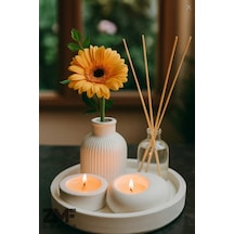 Dekoratif 5li Set Tepside Vazo, Sandal Ağacı Kokulu Mum, Tealight Mumluk Ve Oda Kokusu Beyaz