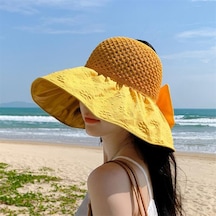 Katlanabilir Fiyonk Çantalı Geniş Siperli Örme Vizör Şapka Sarı