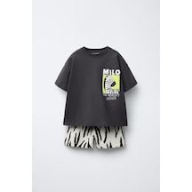 Erkek Çocuk Pamuklu Siyah Zebra Baskılı T-shirt Ve Şort Takım - Eğlenceli Yazlık Siyah