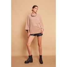 Jument Degaje Yaka Balıkçı Yarasa Model Rahat Kesim Oversize Triko Bluz-koyu Bej K.bej