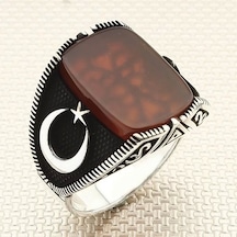 İpek Silver 925 Ayar Gümüş Kırmızı Akik Taşlı Ay Yıldızlı Erkek Yüzük