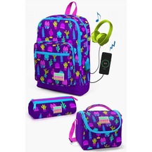 Coral High Kids Mor Pembe Kaktüs Desenli Usb'li 3'lü Okul Çanta Seti - Kız Çocuk Çok Renkli