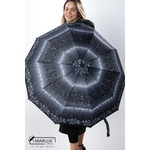 Marlux Siyah Gri Desenli Ahşap Saplı Tam Otomatik Premium Lüks Kadın Şemsiye M21mar1002lr008 - Kadın