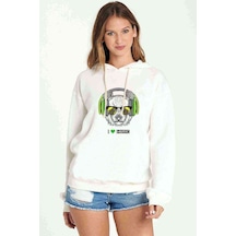 Panda I Love Music Baskılı Beyaz Kadın Kapşonlu Sweatshirt