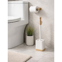 Ahşap Detaylı Modern Tuvalet Fırçası Ve Standı Şık, Kapalı Hazneli Wc Fırçası Vıchy-7040 Gümüş