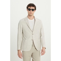 AC&Co / Altınyıldız Classics Erkek Bej Keten Slim Fit Dar Kesim Kırlangıç Yaka Torba Cepli Çizgili Blazer Ceket Bej