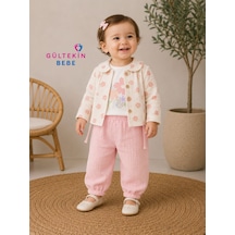 Elci Baby Müslin Kumaş Çiçek Ceketli Kız Üçlü Takım 9-24 Aylık - Öz3253410 - Pembe