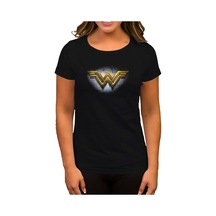 Wonder Woman Gold Logo Siyah Kadın Tişört Siyah