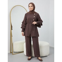 Lovie Moda Gold Düğmeli Kolu Fırfırlı Pantolonlu İkili Takım Kahverengi