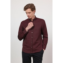 İmza Bordo Düğmeli Yaka Uzun Kol Cepsiz Slim Fit Pamuklu Gömlek 1004260203