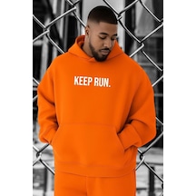 Benroma 3 İplik Penye Keep Run Baskılı Büyük Beden Sweatshırt Turuncu