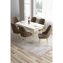 Canisa Tia Serisi 80x132 Açılabilir Mdf Mutfak Masası Takımı Beyaz Masa Gold Detay 6 Kahverengi Sandalye Masa Beyaz Sandalye Kahve