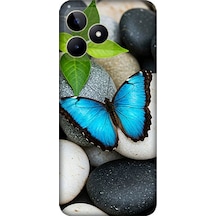 Realme C53 Uyumlu Mavilikte Taş Üzerinde Kelebek Desenli Silikon Kılıf Çok Renkli