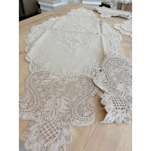 Salon Takımı Çeyizlik Krem Runner Set 5 Parça Keten Masa Örtüsü Runneri Gerdan Çok Renkli