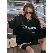 Startmore Siyah Surprised Yazı Baskılı Oversize Bisiklet Yaka Sweatshirt Siyah
