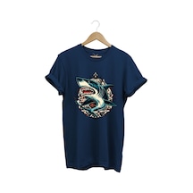 Köpek Balığı Baskılı Deniz Kum Güneş Shark Baskılı Regular Fit %100 Pamuk Lacivert T-shirt Lacivert