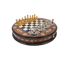 Kişiye - 717 - Özel Yuvarlak Çekmeceli El İşi Satranç Tahtası Ve Metal Satranç Taşları Msyv36 - - Myceshop - Mavi Tahta,
