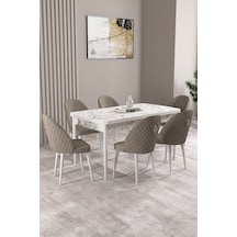 Milas Beyaz Mermer Desen 80x132 Mdf Açılabilir Yemek Masası Takımı 6 Adet Sandalye Cappucino