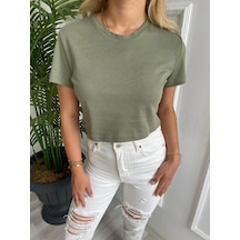 Kadın Basic Crop Tshirt Haki Çok Renkli