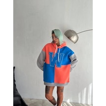 W Nakış İşlemeli Kapüşonlu Sweatshirt - Mavi Mavi