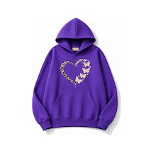 Herkesemoda Leopar Efektli Kalp Baskılı Kapüşonlu 2 İplik Şardonlu Sweatshirt Mor