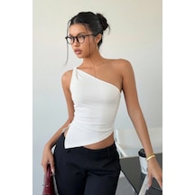 Cool Tarz Kadın Beyaz Tek Omuz Bluz Asimetrik Kesim Likralı Crop Şık Ve Modern Tasarım Beyaz Beyaz