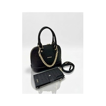 Just Polo Orijinal Kadın Zincir Detaylı Lüks Tasarım El & Omuz Çantası Ve Cüzdan Seti Shoulder Bag Shopper 25x22 Cm Siyah
