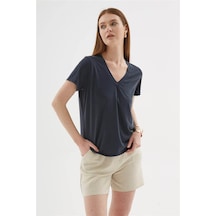 Fashion Friends V Yaka Antrasit Kadın Bluz 26y0144k1