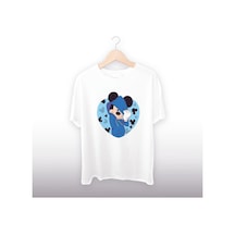 Mickey Mouse Mavi Sweat Detaylı Unisex Tişört Beyaz