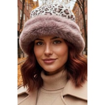 Uniquetrenders Kadın Leopar Desenli Peluş Kürklü Kalpak Şapka Kahverengi
