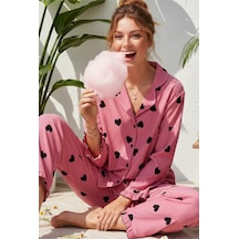 Siyah İnci Bürümcük-krınkıl Uzun Kollu Düğmeli Pijama Takım 7993 Pembe Siyah Kalp