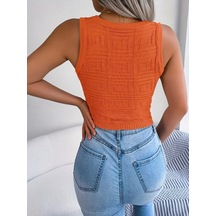 Dogutrend Kadın Askılı Bisiklet Yaka Güpüs Dekolteli Triko Crop Bluz Turuncu