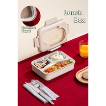 Porsima 3110 Paslanmaz Çelik 3 Bölmeli Vakumlu Yemek Termosu Beslenme Kutusu Taşınabilir Lunch Box Sefer Tası - Krem