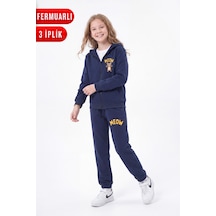 Panios Kids 3 İplik Baskılı Fermuarlı Kız Çocuk Eşofman Takımı Lacivert