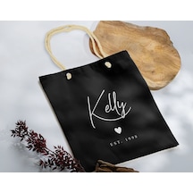 Bk Gift Kişiye Özel İsimli Tarihli Siyah Halat Saplı Kumaş Bez Çanta-1, Baskılı Omuz Çantası, Alışveriş Çantası, Arkadaşa Hediye Fuşya