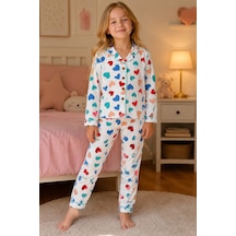 Beniizle Kız Çocuk Kalp Desenli Uzun Kollu Pijama Takımı Düğmeli Üst Alt 2 Li Ev Giyim Seti Beyaz