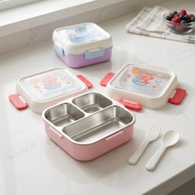 Paslanmaz Çelik 3 Bölmeli Kilitli Yemek Kabı 2000 Ml, Çatal Kaşık Dahil Renkli Desenli Lunch Box, Çelik İç Hazneli Saklama Ve Taşıma Kabı Pembe