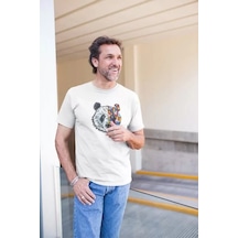 Erkek Bisiklet Yaka Baskılı Oversize T-shirt - Beyaz Çok Renkli
