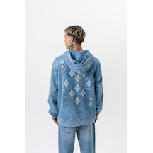 Respire Erkek 10 Baskılı Yıkamalı Kapüşonlu Oversize Hoodie Mavi