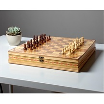 El Yapımı Lüks Nakış İşlemeli Doğal Ahşap Sandıklı Premium Satranç Takımı 45x45 Cm. Hediyelik Set 2