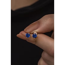925 Ayar Gümüş Rose 5 Mm Lacivert Taşlı Tektaş Küpe Pembe Altın