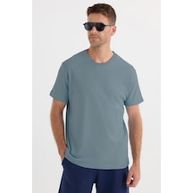 Tudors Unisex Relax Fit Rahat Kesim %100 Pamuk Yumuşak Dokulu Hafif Kalın Mavi Bisiklet Yaka Tişört-34937 Mavi